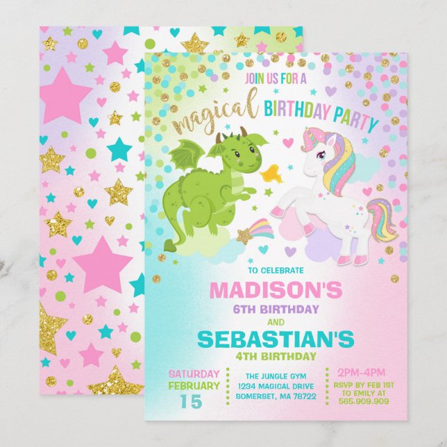 Unicorn and Dragon Birthday bjudande Syskon Inbjudningar (Fram/baksida)