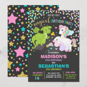 Unicorn and Dragon Birthday bjudande Syskon Inbjudningar
