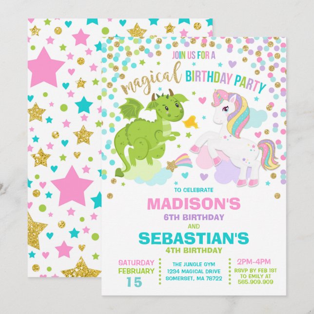 Unicorn and Dragon Birthday Investigation Syskon Inbjudningar (Fram/baksida)