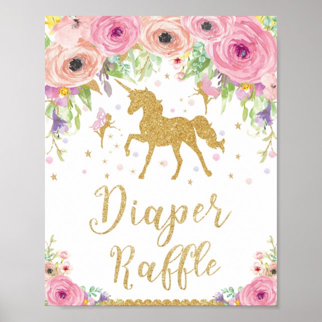 Unicorn and Fairy Baby Shower Diaper Raffle Sign Poster (Framsidan)