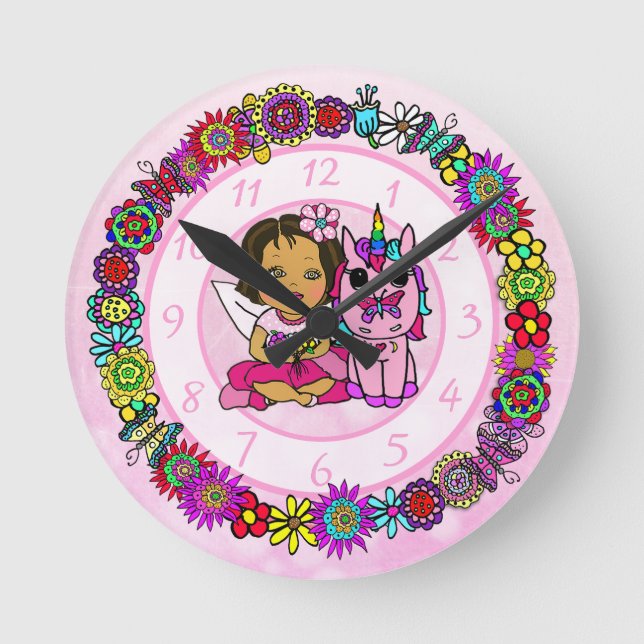 Unicorn and Fairy Whimsical Folk Art Girl Rund Klocka (Framsida)