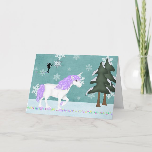Unicorn and Fairy Winter Julhälsningar Card Helgkort (Framsida)