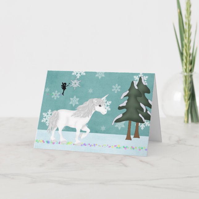 Unicorn and Fairy Winter Julhälsningar Card Helgkort (Framsida)