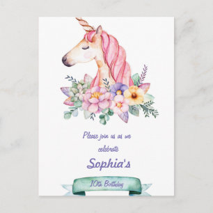 Unicorn and Flowers Children Birthday bjudande Inbjudan Vykort