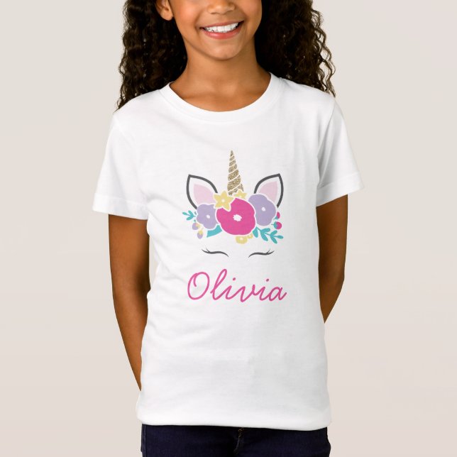 Unicorn and Flowers Personlig shirt glitter T Shirt (Framsida)