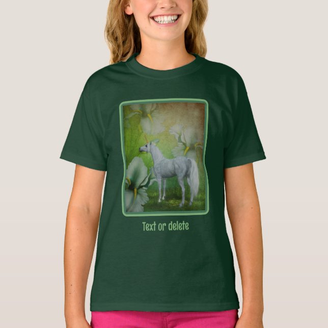 Unicorn and Lilies Fantasy Horse Art Personlig T Shirt (Framsida)