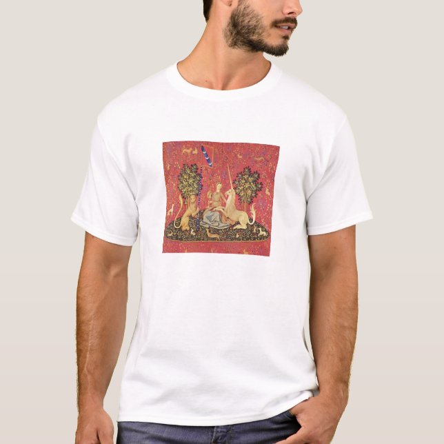 Unicorn and Maiden Medieval Tapestry Image T Shirt (Framsida)