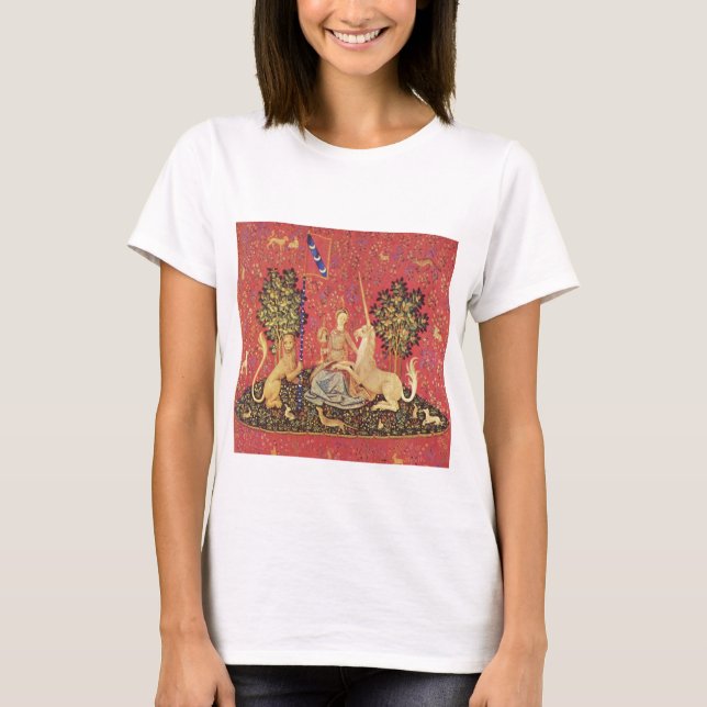 Unicorn and Maiden Medieval Tapestry Image Tee Shirt (Framsida)