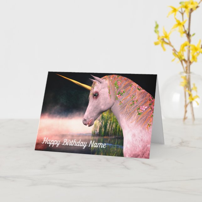 Unicorn and Mist Fantasy Birday Card Kort (Gul blomma)
