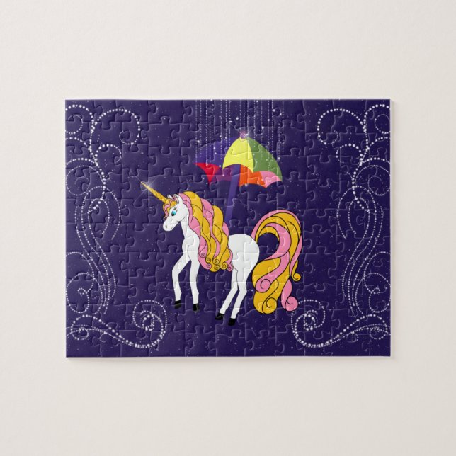 Unicorn and Parbrella Whimsical Tecknad Art Pussel (Horisontell)