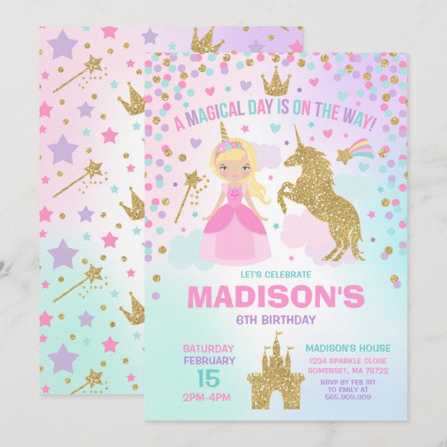 Unicorn and Princess Investigation Magic Birthday Inbjudningar (Fram/baksida)