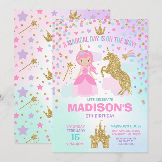 Unicorn and Princess Investigation Magic Birthday Inbjudningar (Fram/baksida)
