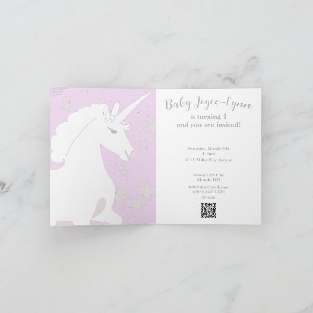 Unicorn and Stars 1:a födelsedagsinbjudan Inbjudan (Inuti)