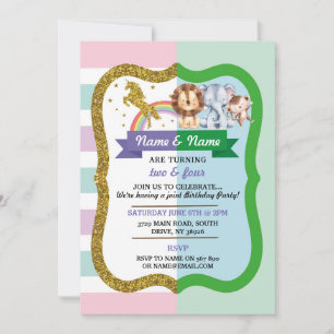 Unicorn & Animals Joint 2 Children Birthday Inbjudningar