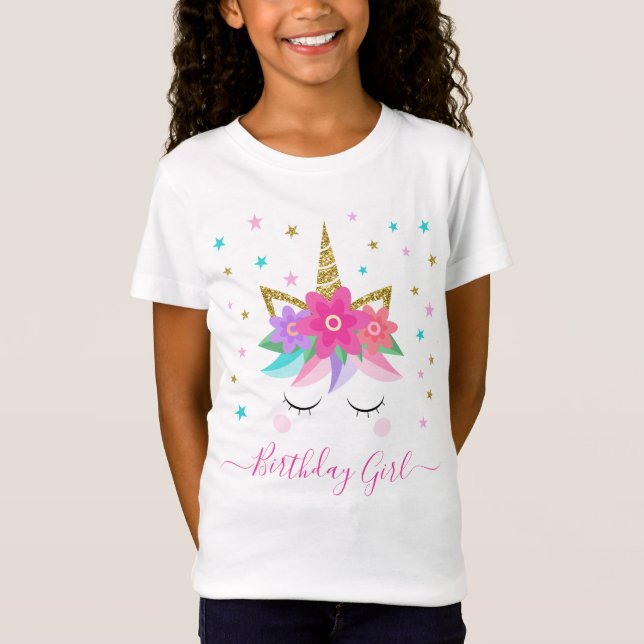 Unicorn Ansikte Blommigt Birthday Girl T Shirt (Framsida)