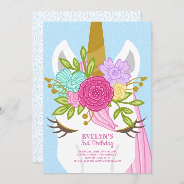 Unicorn Ansikte Blommigt Birthday-inbjudan Inbjudningar (Fram/baksida)