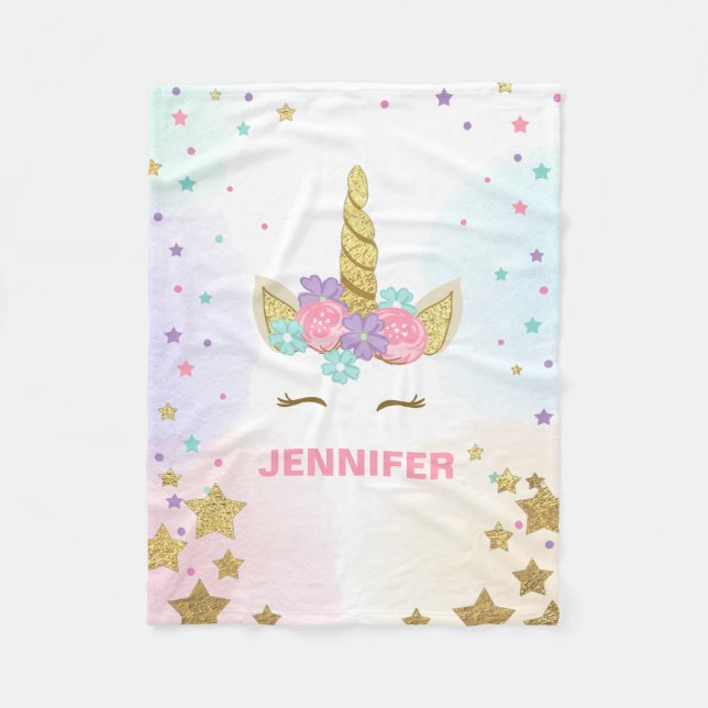 Unicorn Ansikte Fleece Blanket personlig Girl Rosa (Framsidan)