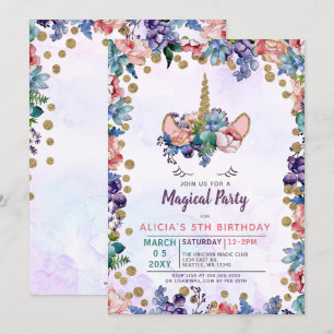 Unicorn Ansikte Glitter Blommigt Birthday-inbjudan Inbjudningar
