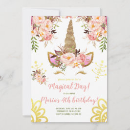 Unicorn ansikte Guld Rosa Peony Blommigt Birthday Inbjudningar