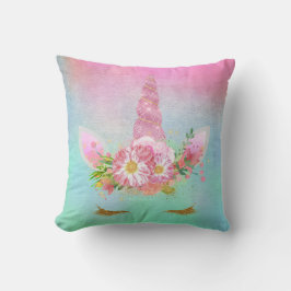 Unicorn Ansikte Horn Lash Rosa Flowers Pastel Mint Kudde
