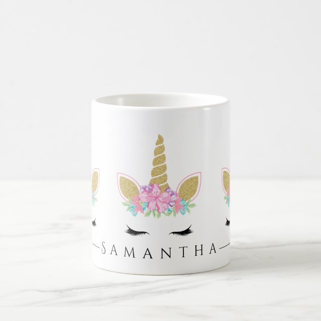 Unicorn Ansikte med Eyelash Glitter Blommigt Kaffemugg (Center)