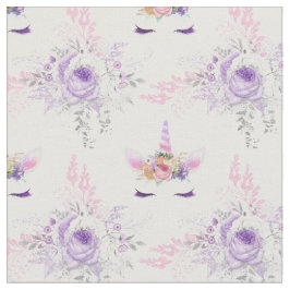 Unicorn Ansikte med Lila blommor on White Tyg