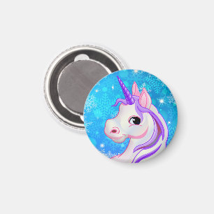 Unicorn ansikte och snöflingor. magnet