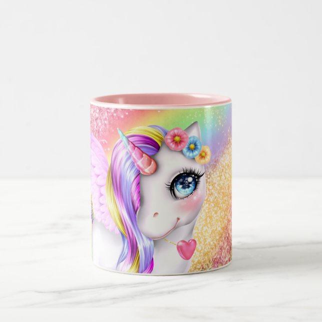 Unicorn ansikte regnbåge färg DIY-flickor namn Två-Tonad Mugg (Center)