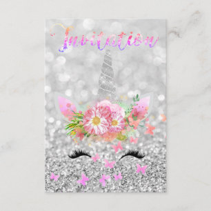Unicorn Ansikte Rosa Guld Silver Grått Glitter Las Inbjudningar