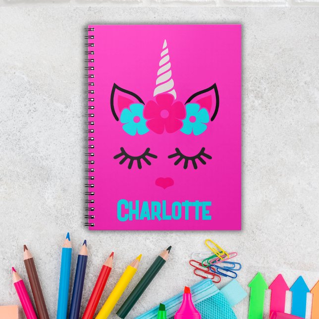 Unicorn Ansikte Rosa och Aqua| Anpassat namn Anteckningsbok (Personalize this adorable notebook with her name and unleash the magic. Place your order today!)