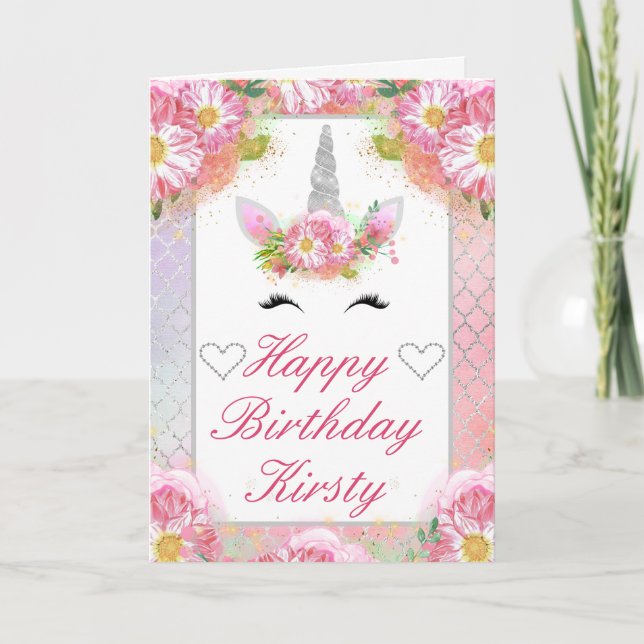 Unicorn Ansikte Rosa Silver Birthday Kort (Framsida)