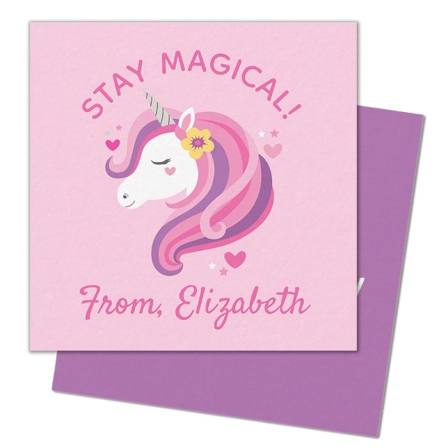 Unicorn Ansikte Rosa Valentines day-anteckningskor Anteckningskort (A cute pink and purple unicorn mini 2.5x2.5' valentine, pervect for a kids classroom exchange)