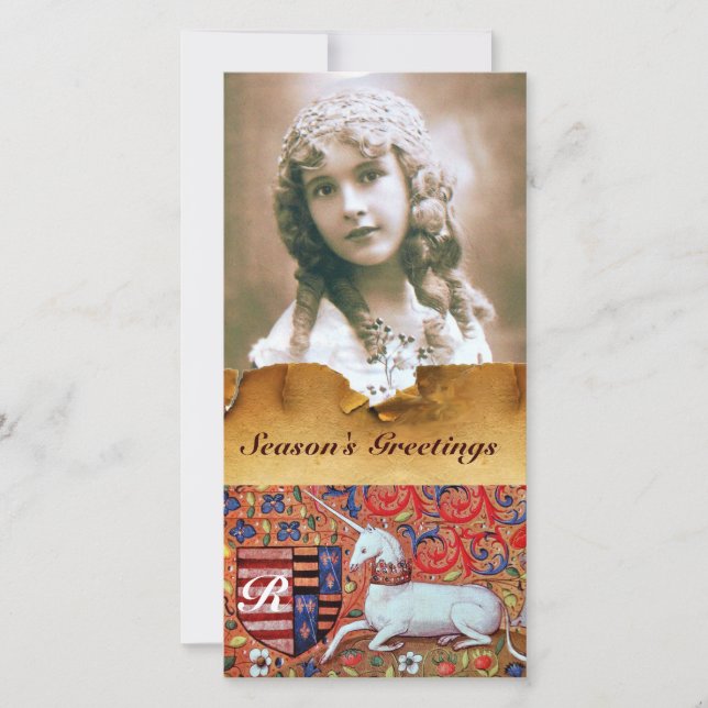 UNICORN ANTIQUE BROWN BLOMMIGT PARCHMENT MONOGRAM JULKORT (Framsida)