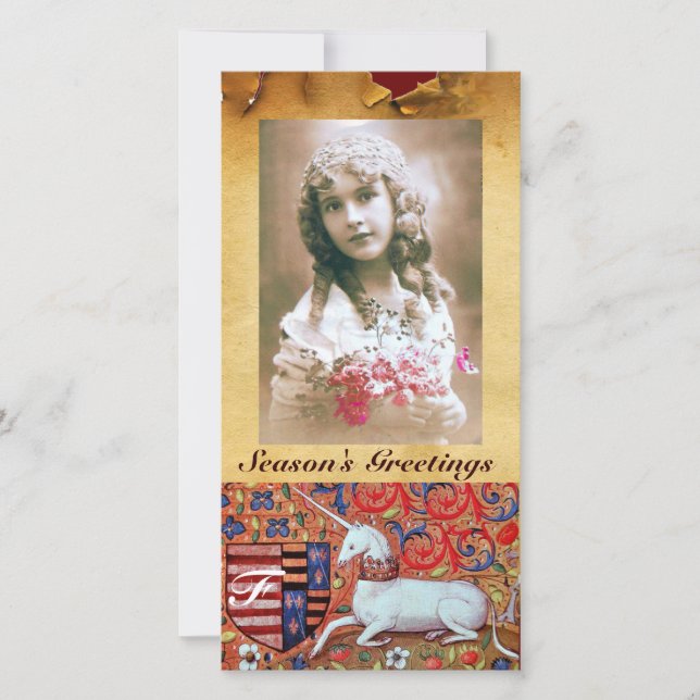 UNICORN ANTIQUE BROWN PARCHMENT MONOGRAM JULKORT (Framsida)