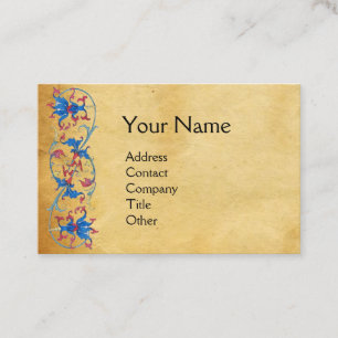 UNICORN Antique Red Blue Blommigt Parchment Monogr Visitkort