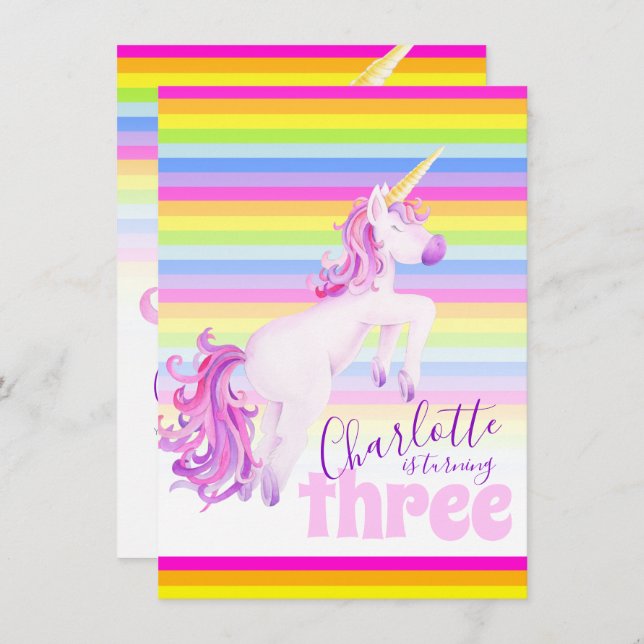 Unicorn Art-regnbåge 3:e födelsedlarna Inbjudningar (Fram/baksida)