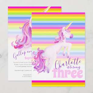 Unicorn Art-regnbåge 3:e födelsedlarna Inbjudningar
