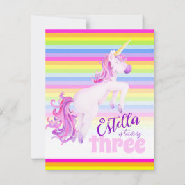 Unicorn Art-regnbåge 3:e födelsedlarna Inbjudningar