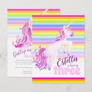 Unicorn Art-regnbåge 3:e födelsedlarna Inbjudningar
