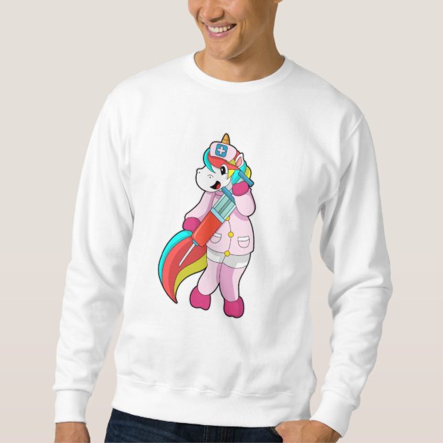 Unicorn as Nurse at Vaccination & Syringe Lång Ärmad Tröja (Framsida)