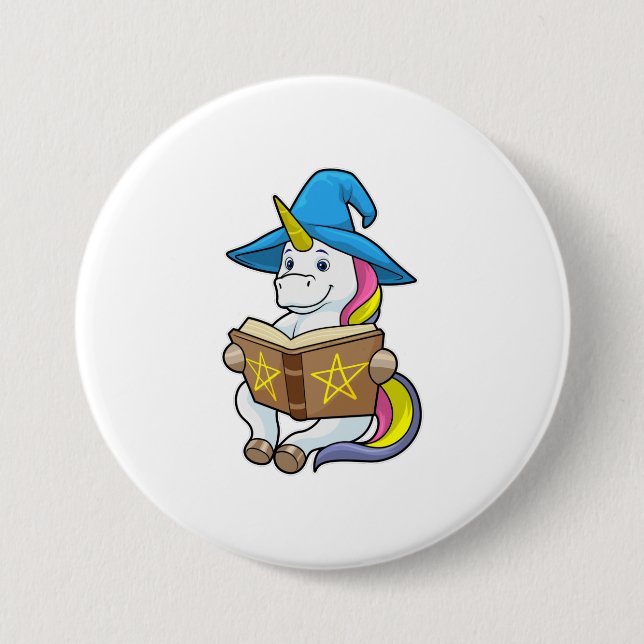 Unicorn as Wizard med Bok & Hat Knapp (Framsida)