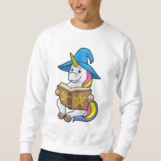 Unicorn as Wizard med Bok & Hat Lång Ärmad Tröja (Framsida)