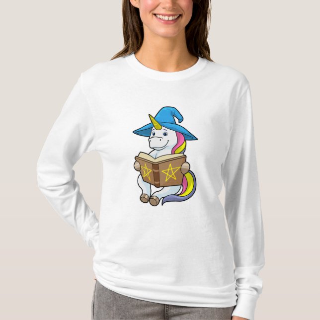 Unicorn as Wizard med Bok & Hat T Shirt (Framsida)