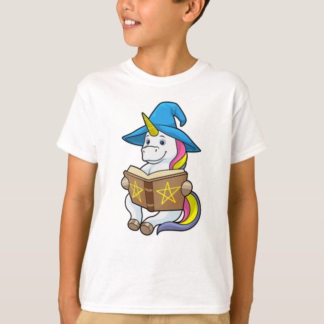 Unicorn as Wizard med Bok & Hat T Shirt (Framsida)