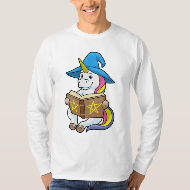 Unicorn as Wizard med Bok & Hat T Shirt (Framsida)