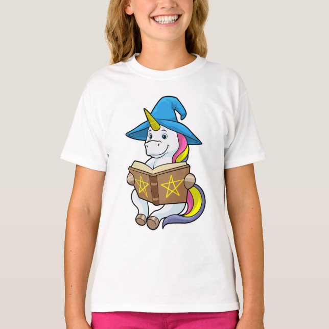 Unicorn as Wizard med Bok & Hat T Shirt (Framsida)