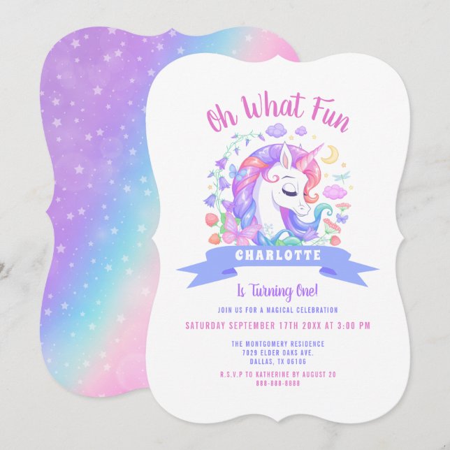 Unicorn Baby 1:a födelsedagen Magic Rainbow Party Inbjudningar (Fram/baksida)