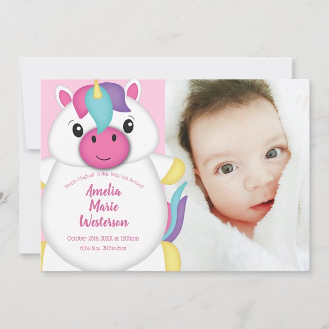 Unicorn Baby Birth Announcement Photo Inbjudningar (Framsida)