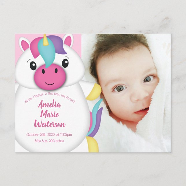 Unicorn Baby Birth Announcement Photo Vykort (Framsida)