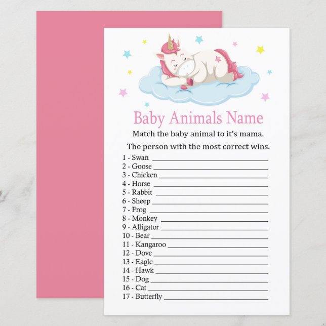 Unicorn Baby djur Namn Game (Fram/baksida)